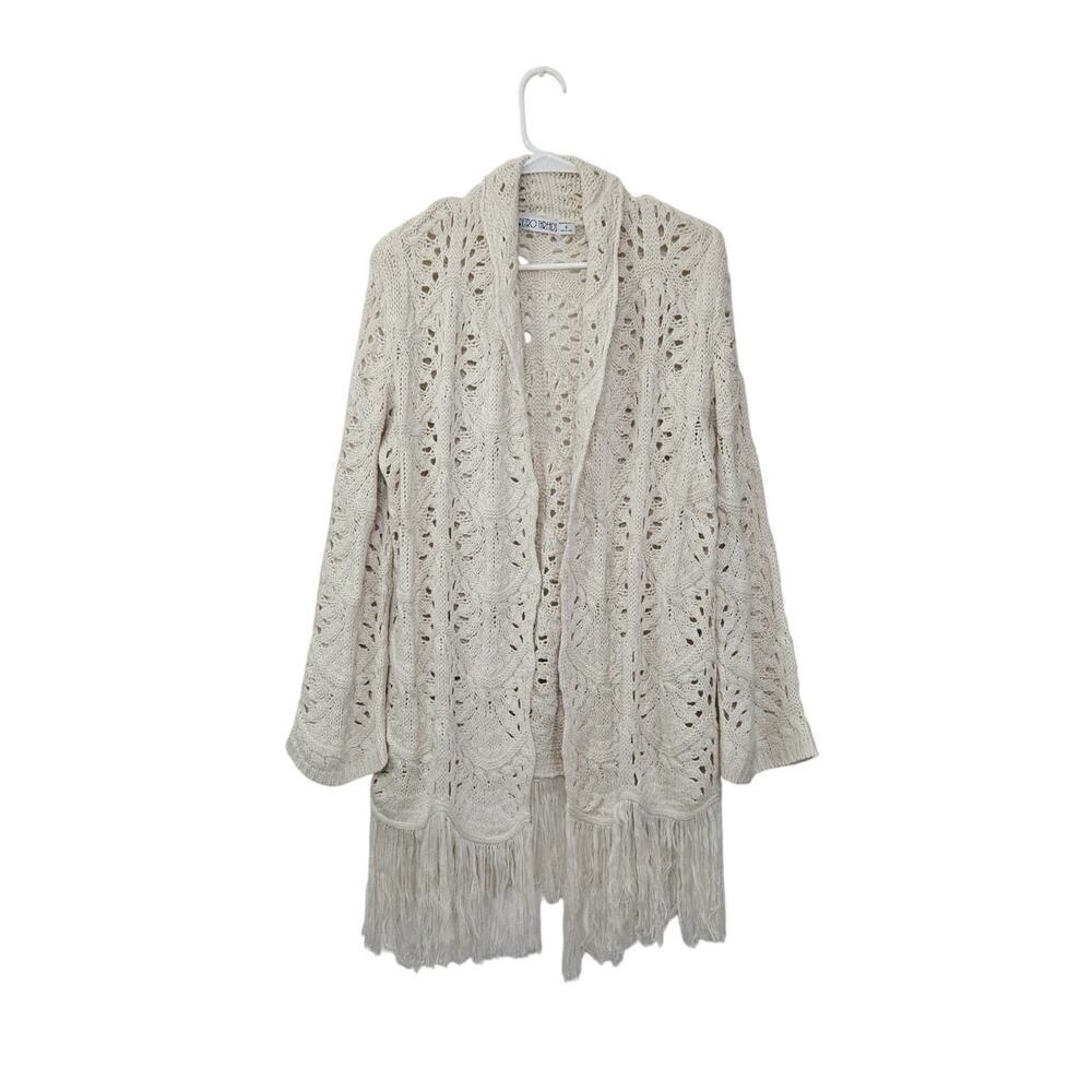 Boho Open Front Crochet Knit Fringe Cardigan Sweater Cream Sz Small Long Sleeve
